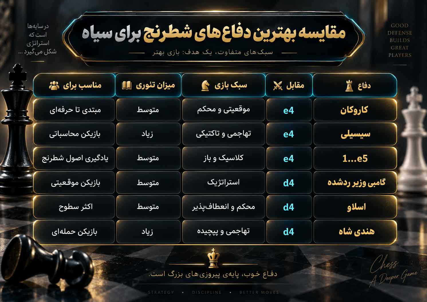 بهترین دفاعهای شطرنج برای سیاه مقابل e4 و d4؛ راهنمای کامل انتخاب گشایش